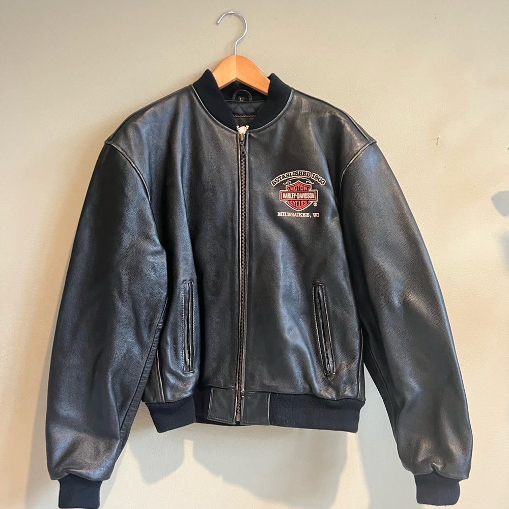 New Harley Davidson Black Leather Embroidered Motorcycle Bomber Jacket Large